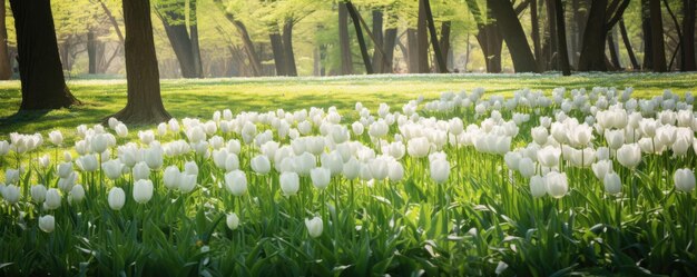 Jardim verde cercado de tulipas brancas no parque da cidade Generative ai