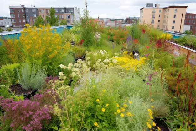 Jardim verde na cobertura com flores desabrochando e plantas nativas criadas com IA generativa