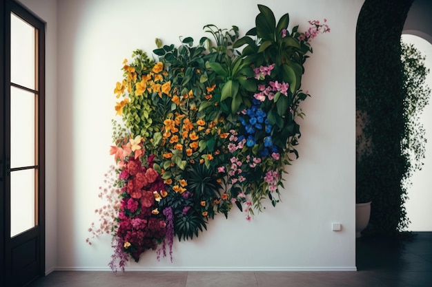 Foto jardim vertical com vegetação luxuriante e flores coloridas na parede branca criada com ai generativa