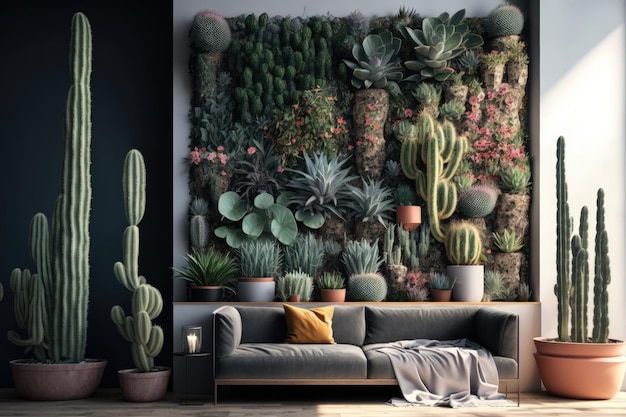 Jardim vertical composto por suculentas e cactos no interior moderno criado com generative ai