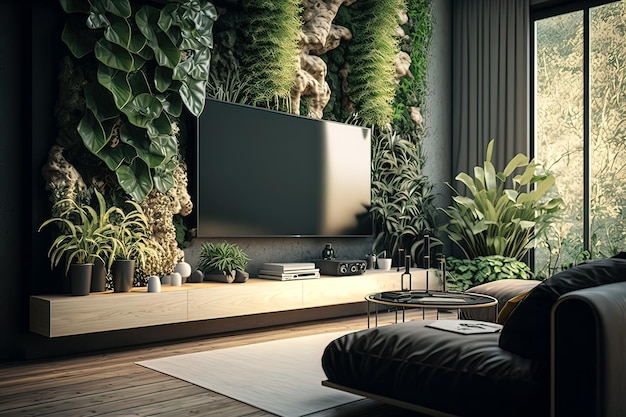 Jardim vertical e TV em plantas modernas de sala de estar em IA generativa de interiores de luxo