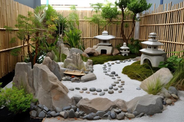 Jardim zen com serenas esculturas de pedra e lago de carpas