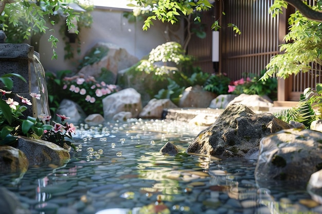 Jardim zen com um recurso de água tranquila