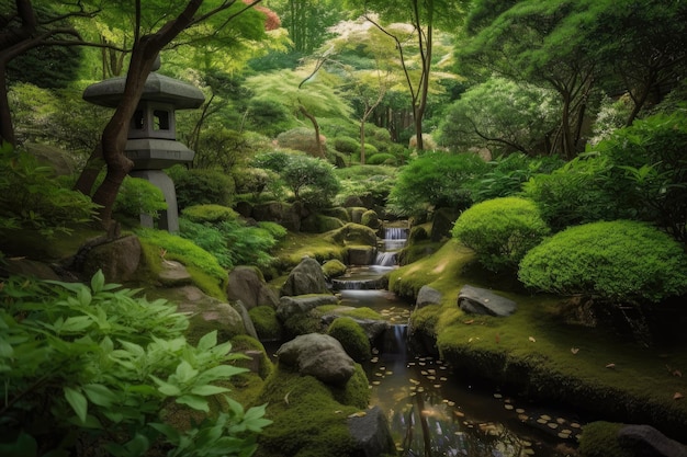 Jardim zen escondido entre as árvores com um riacho e uma cachoeira criados com ai generativa