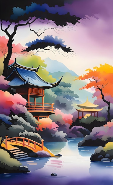 Jardim zen japonês em aquarela