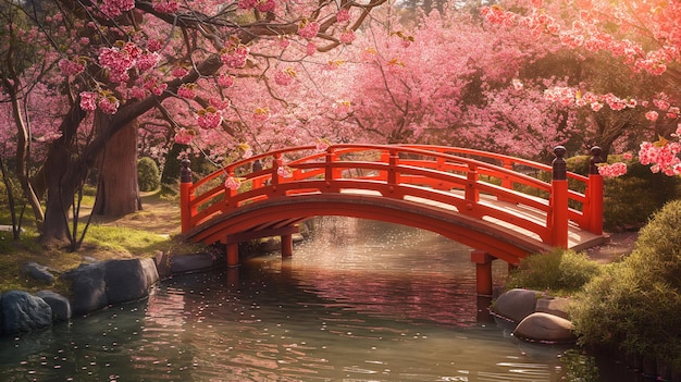 Jardim Zen japonês pacífico com uma ponte de madeira e flores de cerejeiras