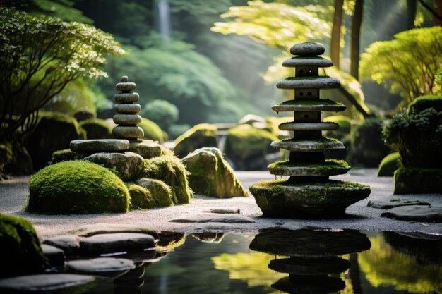 Jardim Zen japonês sereno com pedras meticulosamente dispostas IA geradora