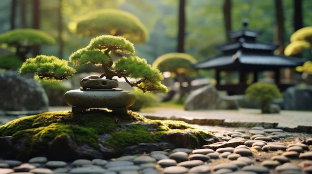 Jardim Zen japonês tranquilo com bonsai