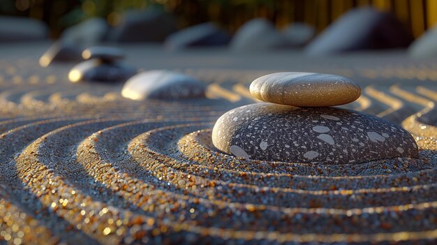 Jardim zen tranquilo com areia raspada e pedras