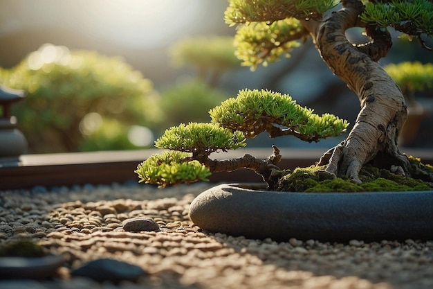 Foto jardim zen tranquilo com árvore bonsai