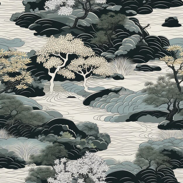 Jardim Zen tranquilo é lindamente retratado em bordado