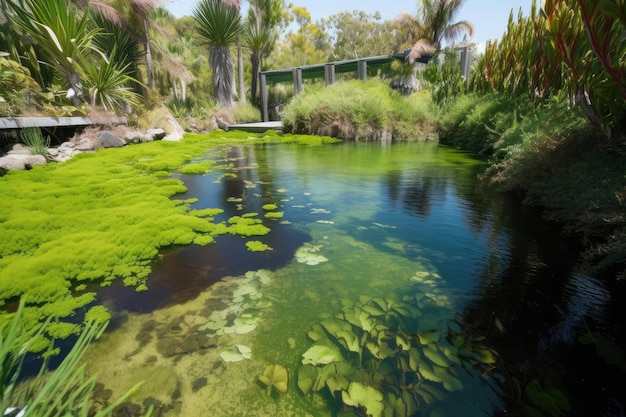 Jardín acuático con plantas vibrantes y pastos marinos que prosperan en el agua creado con IA generativa