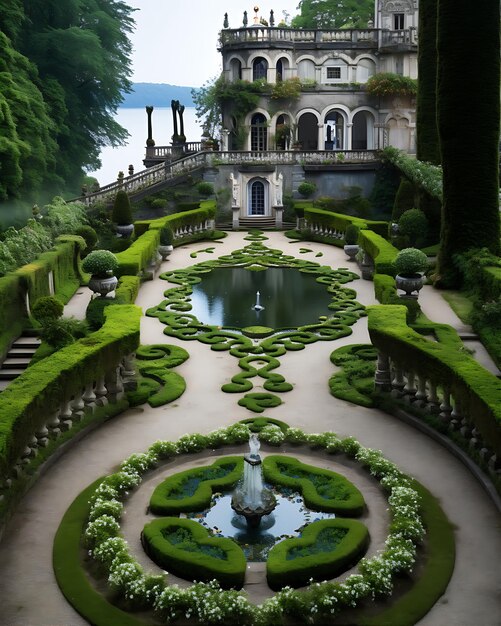 Foto el jardín adornado con vista al lago