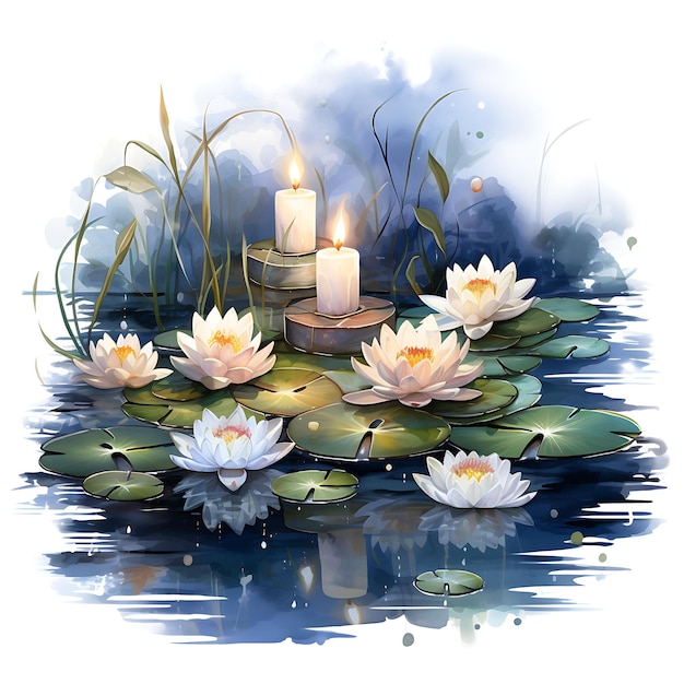 Jardín de agua iluminado por la luna Lirios de agua y flores de loto flotando acuarela acogedora de la naturaleza decorativa