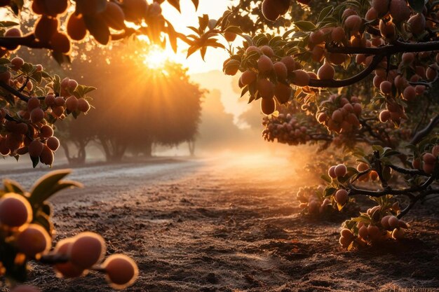 Jardín de albaricoques al amanecer con niebla rodando en fotografía de imágenes de albaricoque 4K