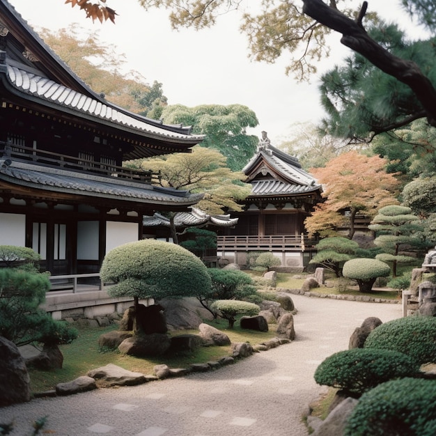 Un jardín con un árbol en el centro.