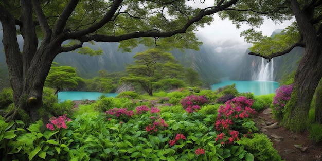 Un jardín con un árbol y flores en primer plano.