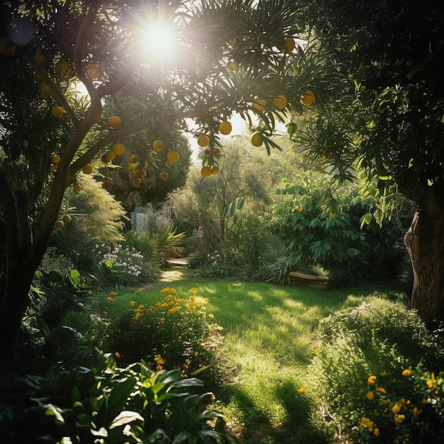 Un jardín con un árbol y flores que están al sol.