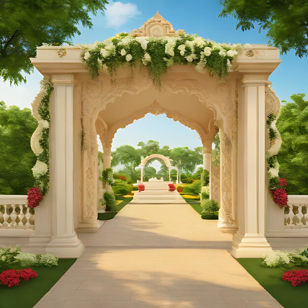 Foto un jardín con un arco blanco y una puerta blanca con rosas en él