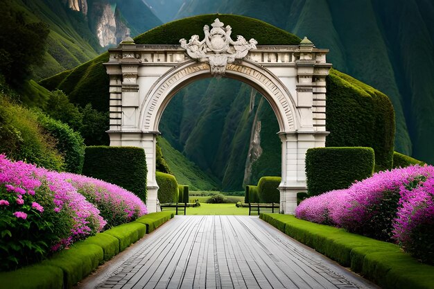 Foto un jardín con un arco de piedra y un puente de piedra.