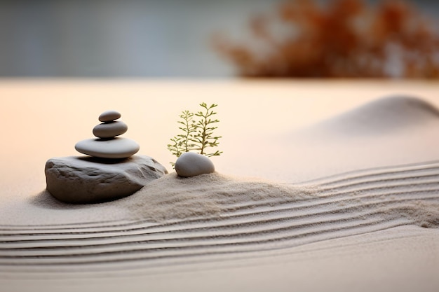 Jardín de arena zen con patrones de rastrillo en el fondo