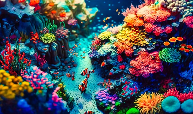 Un jardín de arrecifes de coral lleno de colores vibrantes y vida marina.