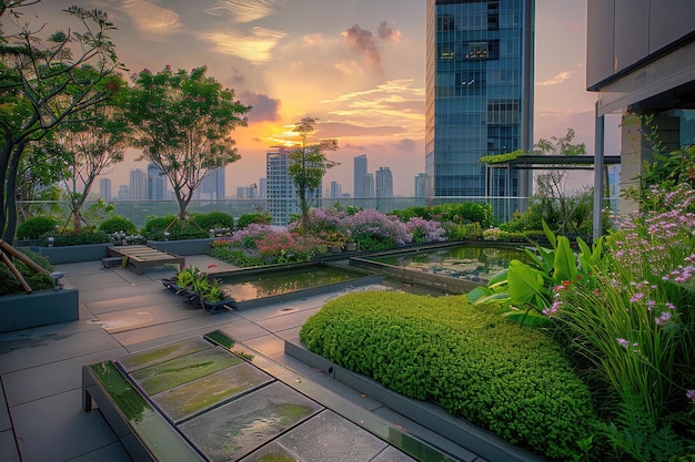 Un jardín en la azotea de la ciudad al amanecer pacífico y exuberante