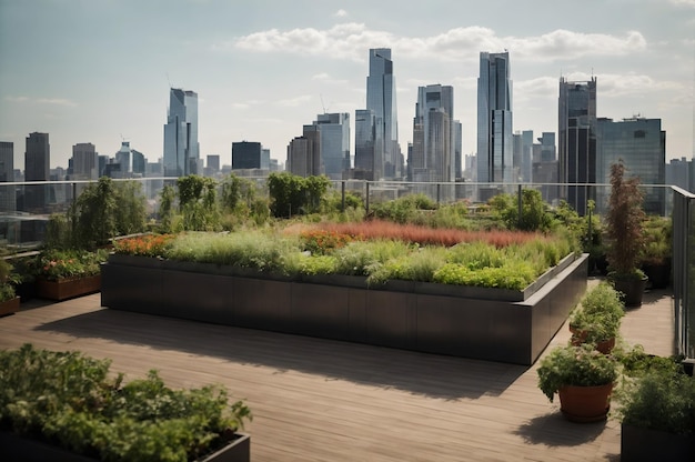 Un jardín en la azotea de un rascacielos con vistas al horizonte de la ciudad