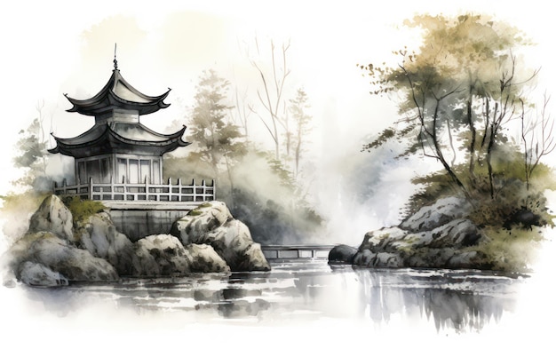 Jardín de bambú que rodea la pagoda ilustración de pintura china