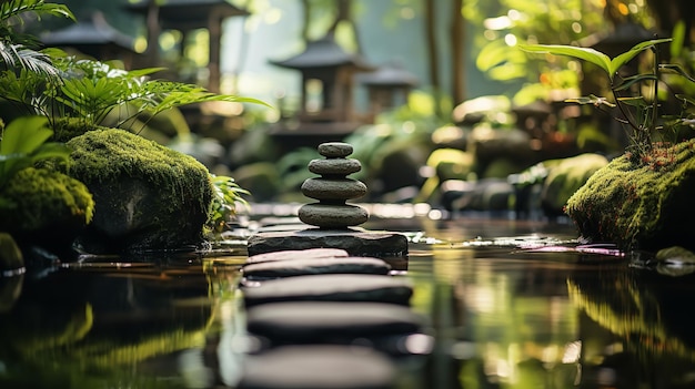 Foto un jardín bien diseñado con un paseo de piedra zen que transmite paz y tranquilidad ia generativa