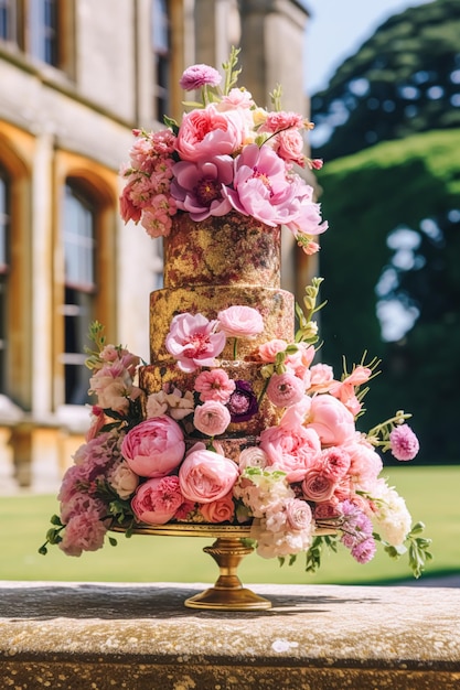 Jardín de bodas de campo y decoración floral hermosas flores rosadas de lujo decoración en estilo campesino generativo ai