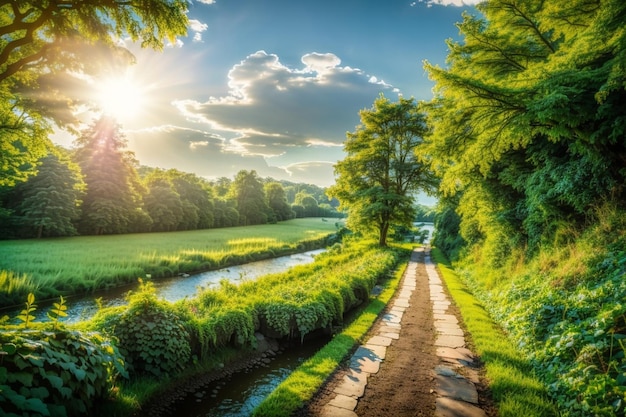 Jardín en el bosque árbol verde exuberante un camino recto y agua corriente el sol brillando en el frente