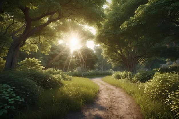 Jardín en el bosque árbol verde exuberante un camino recto y agua corriente el sol brillando en el frente