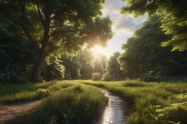 Jardín en el bosque árbol verde exuberante un camino recto y agua corriente el sol brillando en el frente