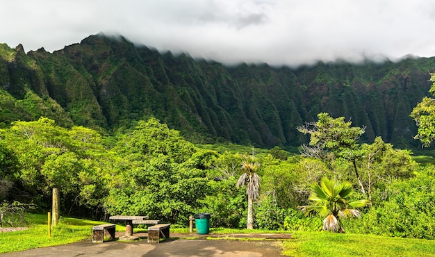 Foto jardín botánico de hoomaluhia con vistas a las montañas koolau en la isla de oahu, hawai