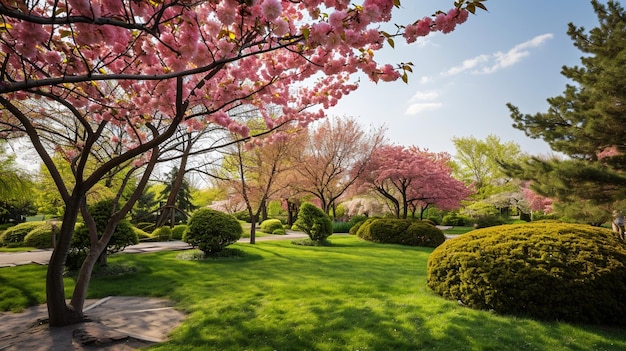 Jardín Botánico del Japón con árboles rosados en flor y flores de primavera Generativo Ai