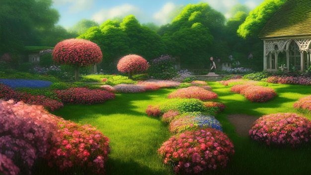 Jardín Botánico de Japón árboles rosados florecientes y flores de primavera Jardín ornamental laberinto arbustos hierba verde Festival de flores Ilustración 3d