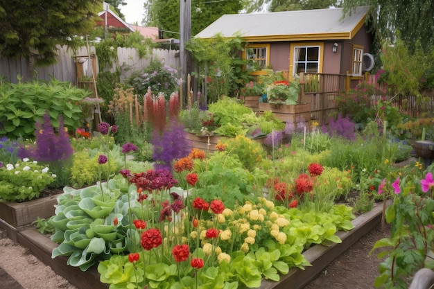 Jardín de la cabaña con coloridas flores, hierbas y verduras.