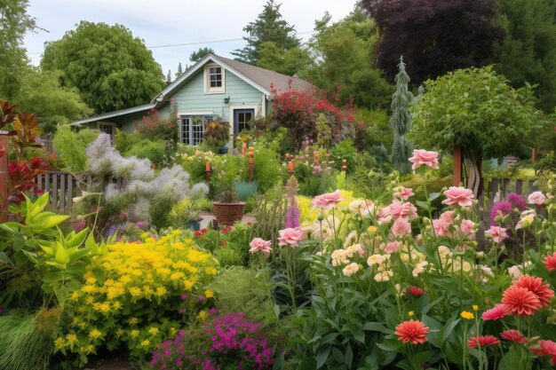 Jardín de la cabaña lleno de flores coloridas y follaje exuberante