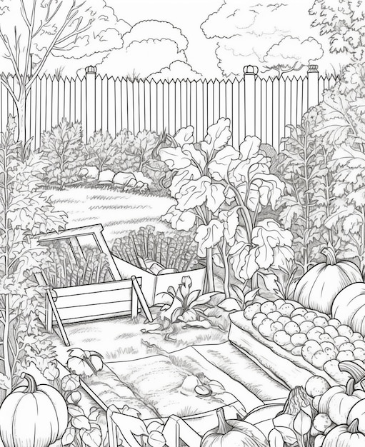 Un jardín con calabazas y una valla.