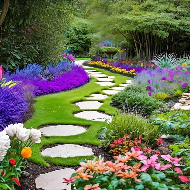 Un jardín con un camino que tiene flores y una flor morada y blanca.