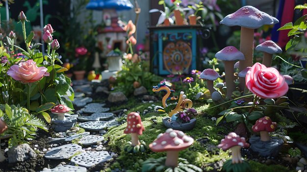 Jardín caprichoso con flores de colores setas y una pequeña estatua de dragón