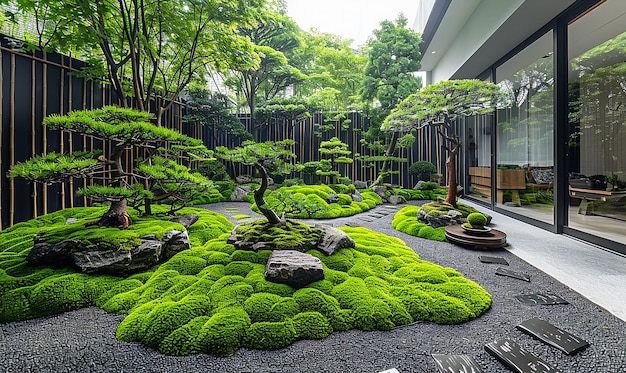 un jardín con un cartel que dice bonsai