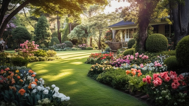 El jardín de la casa está rodeado de flores.