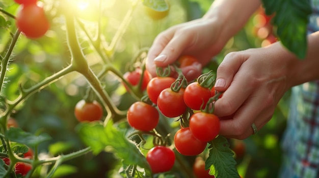 Jardín de la casa con las manos arrancando tomates de cereza maduros