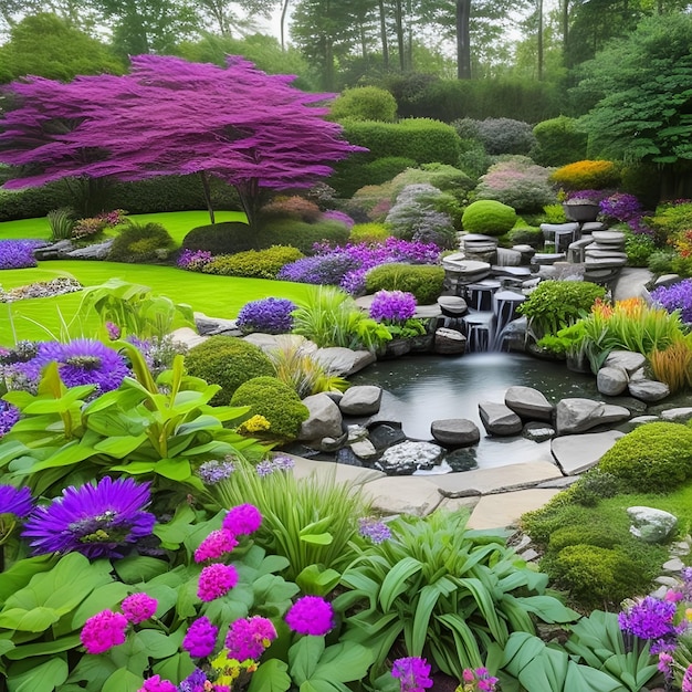 Un jardín con cascada y un estanque con flores violetas.