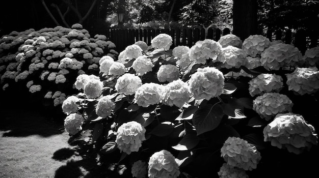 Un jardín con una cerca y flores al fondo.