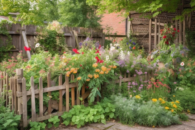 Un jardín con una cerca rústica y enrejados llenos de flores florecientes