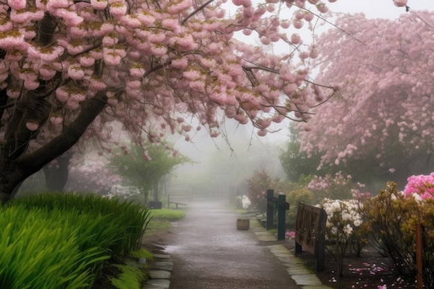 Jardín de cerezos en flor con árboles en flor rodeados de niebla matutina creada con ai generativo