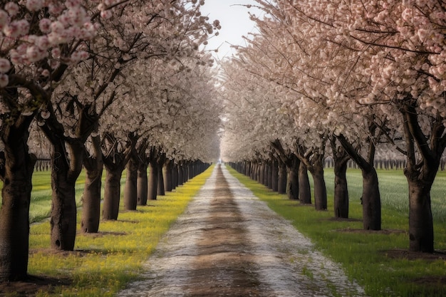 Jardín de cerezos en flor con hileras de cerezos en plena floración creado con ai generativo